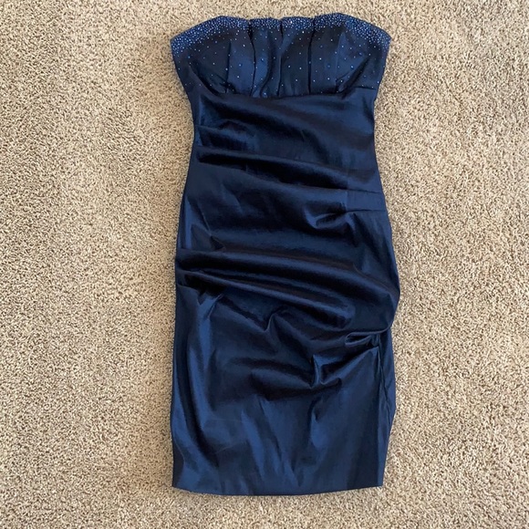 Ruched Navy Cocktail Dress with Rhinestones - Picture 1 of 4